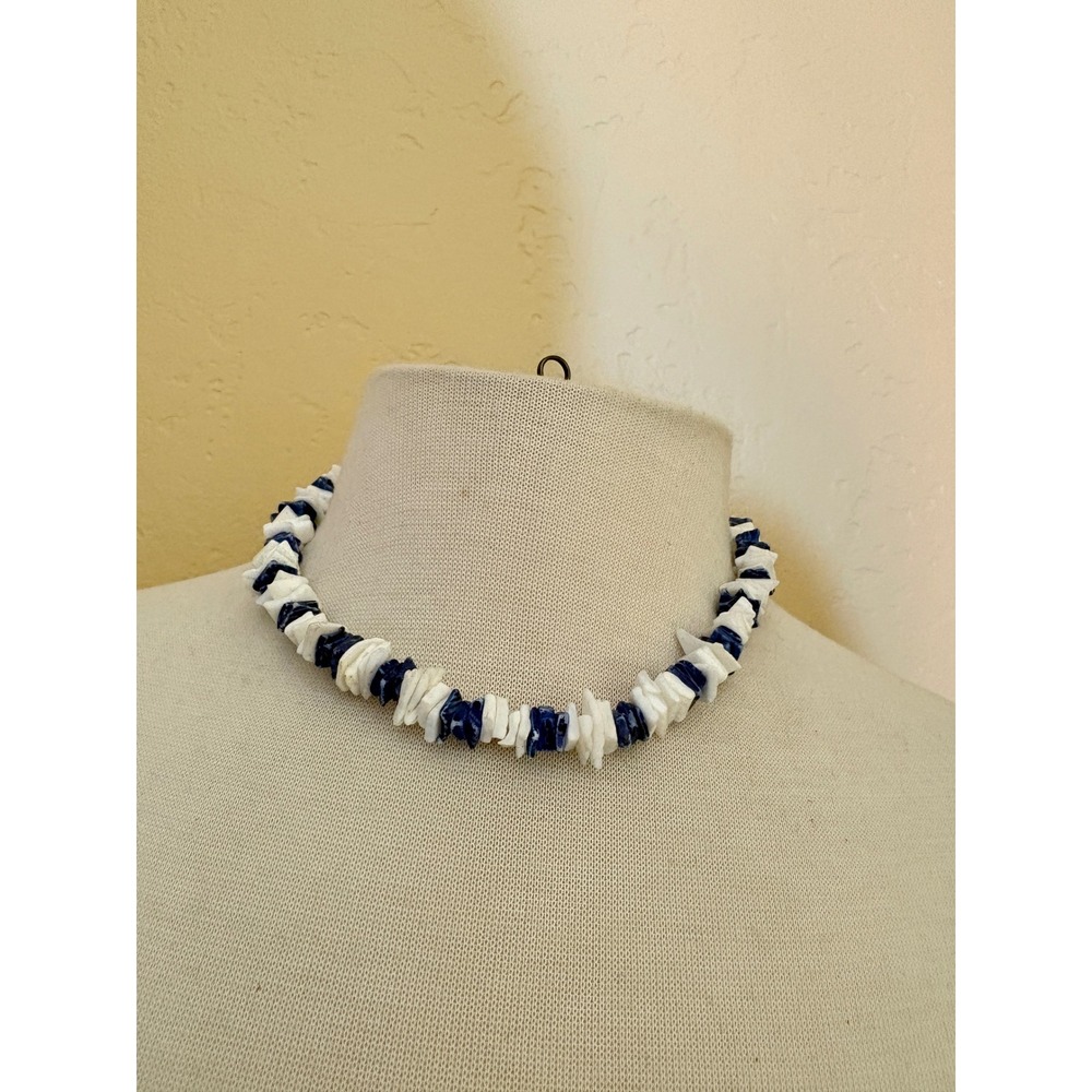Blue White Puka Shell Chip Necklace Nautical Beach Surfer Choker Barrel Clasp